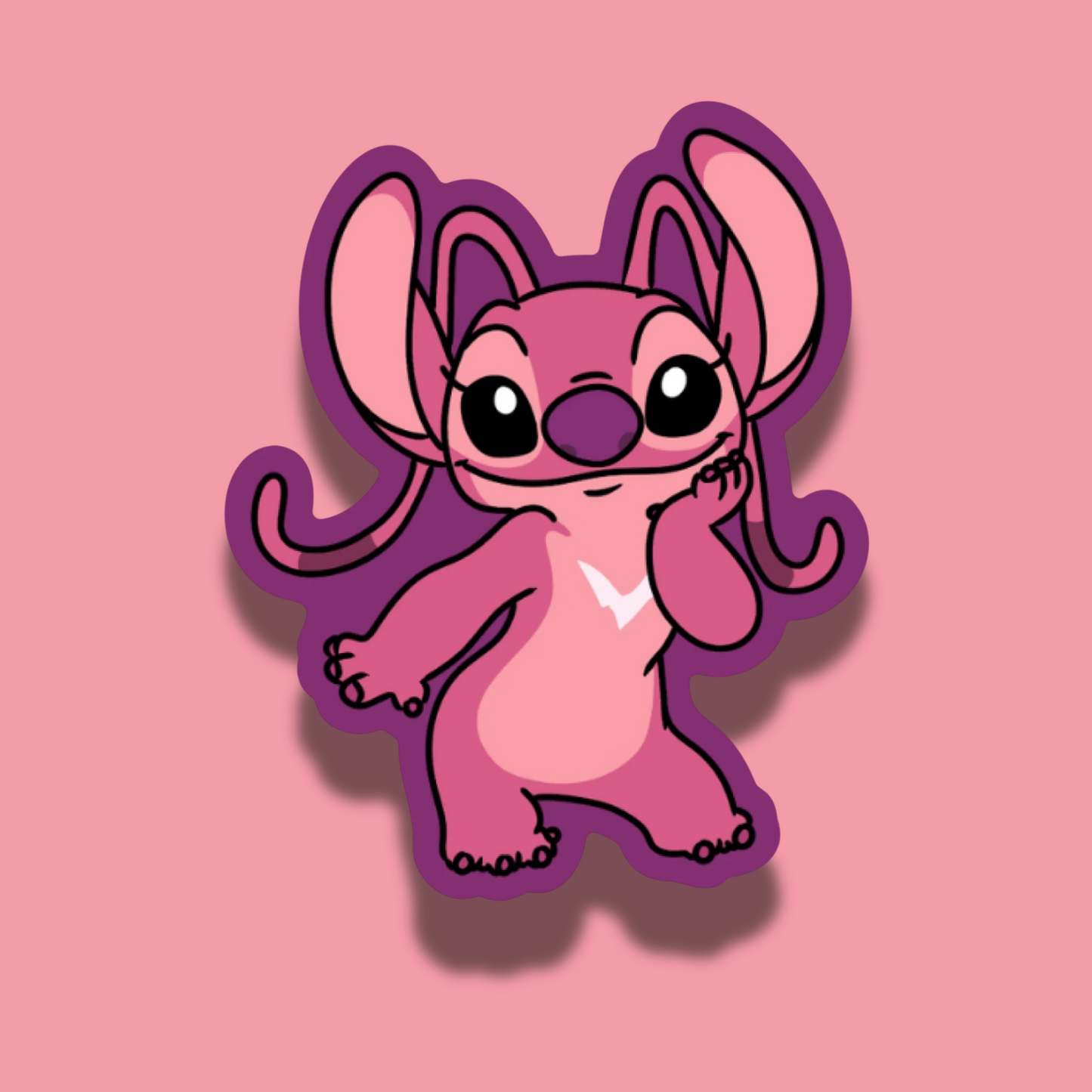 Cartoon character with pink and purple colors on a pink background