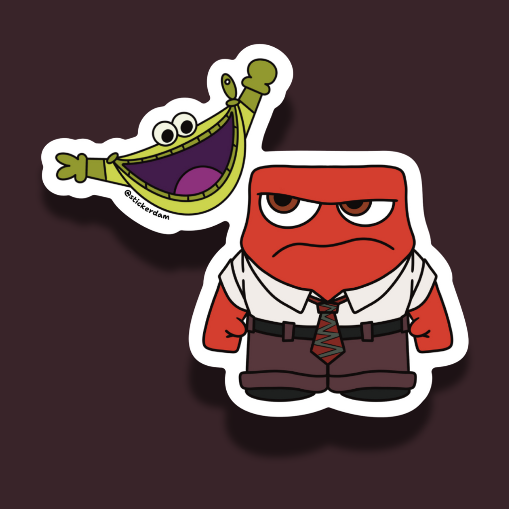 Anger and Pouchy characters from Inside Out sticker on a dark background.