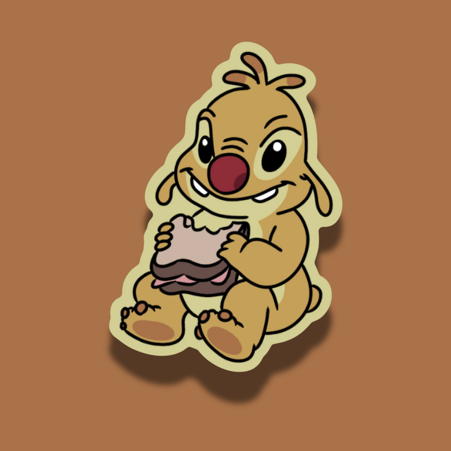 Cartoon character holding a sandwich on a brown background