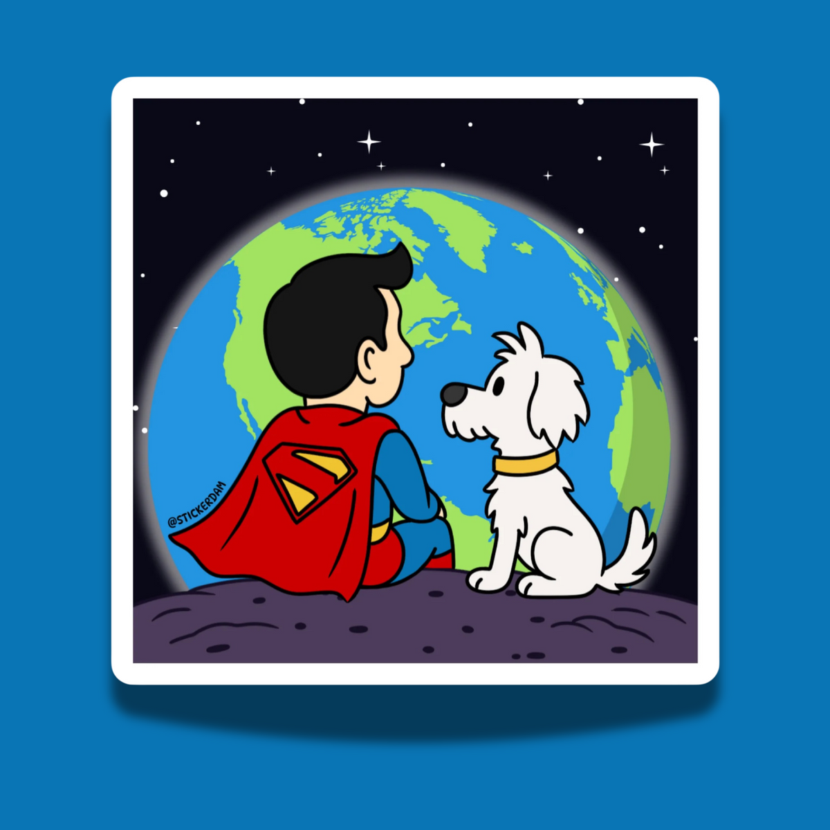 Superman sticker sitting on the moon with Krypto, Earth in the background