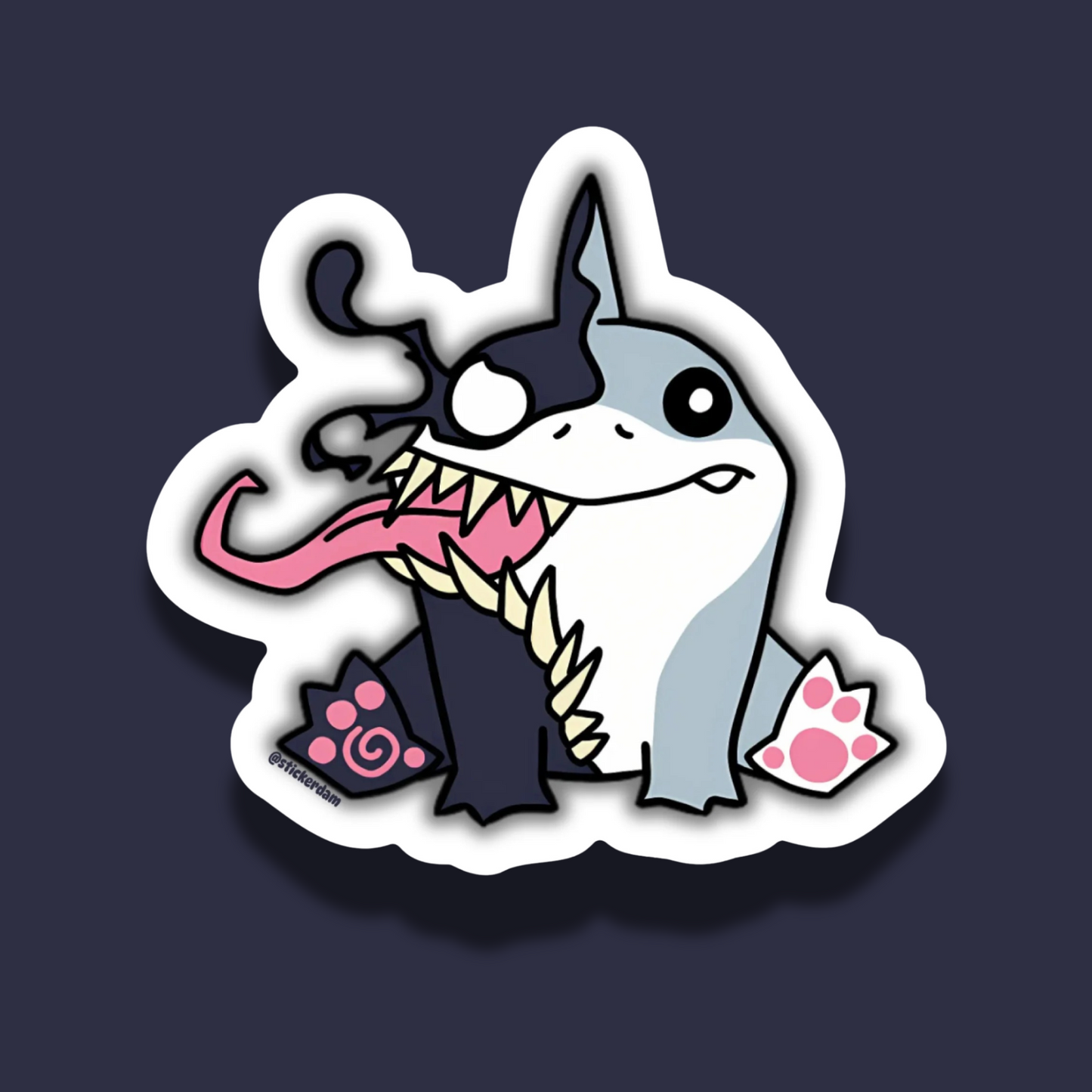 Jeff the Land Shark, half venomized with a large pink tongue on a dark background
