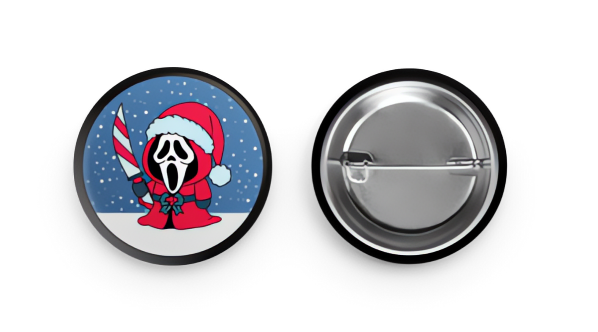 Front and silver pin back of a Santa Ghostface button featuring a red Santa outfit and candy cane-striped knife.