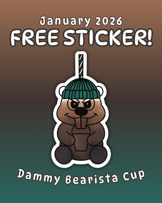 Promo for FREE Dammy Bearista Cup sticker on a green/brown gradient background