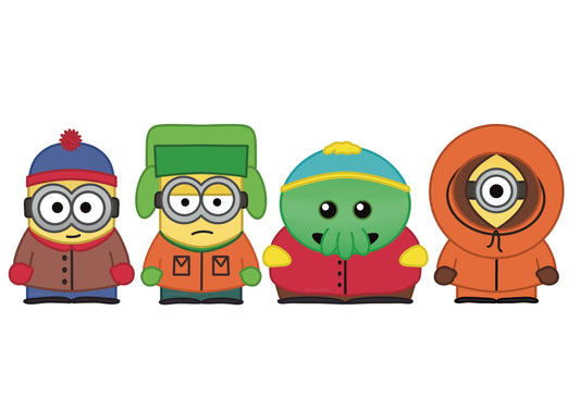 Drawing of the 3 Minions and Goomi dressed as Stan, Kyle, Cartman, and Kenny from South Park