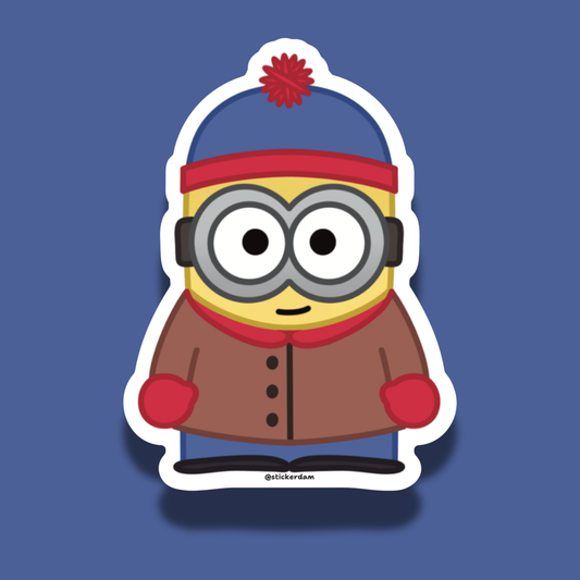 Minion Stan vinyl sticker, Minion dressed as Stan Marsh from South Park fan art mashup, 3 inch matte die-cut sticker by Sticker Dam