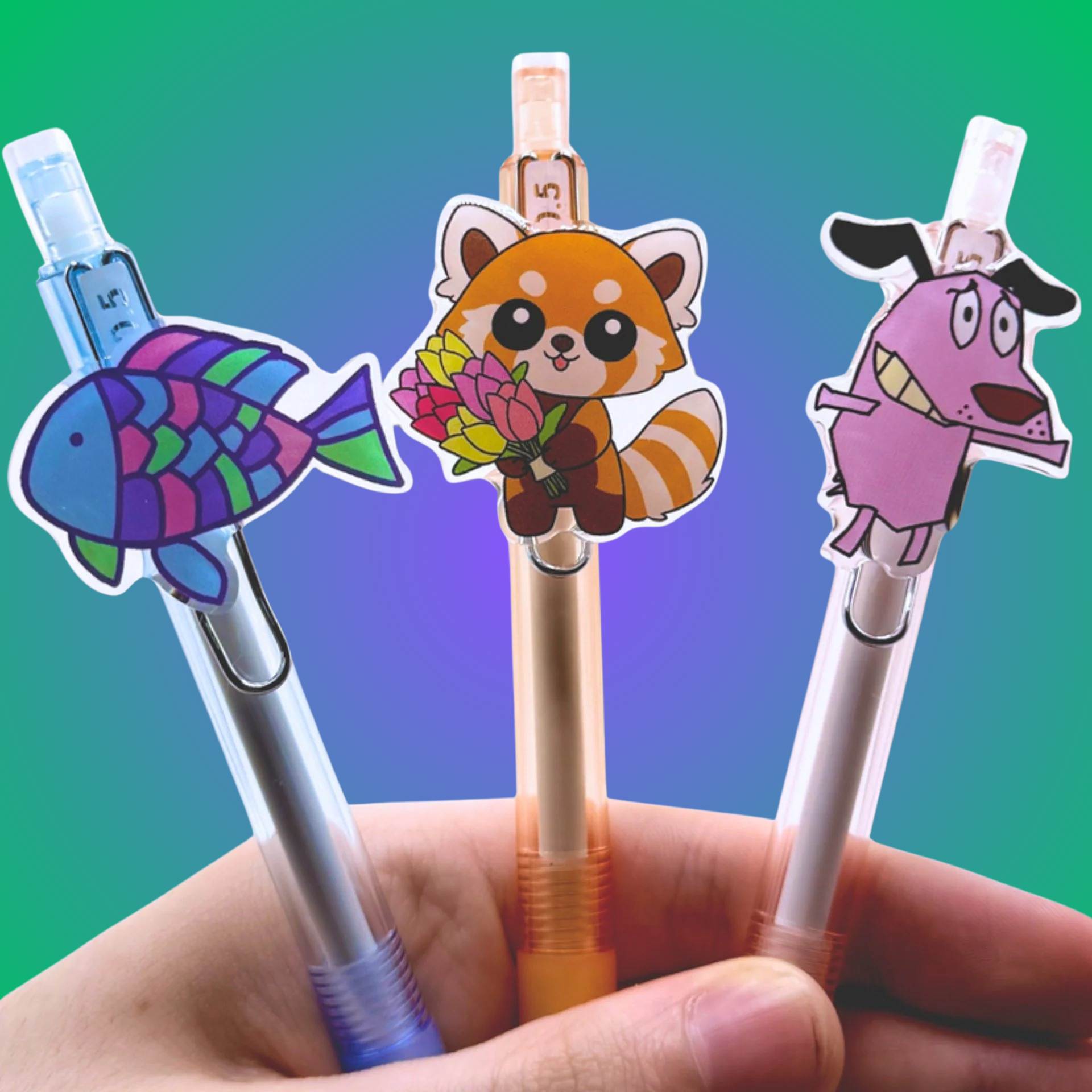 Ballpoint Pens with Acrylic Charms (Rainbow Fish, Paul the Panda, Courage)