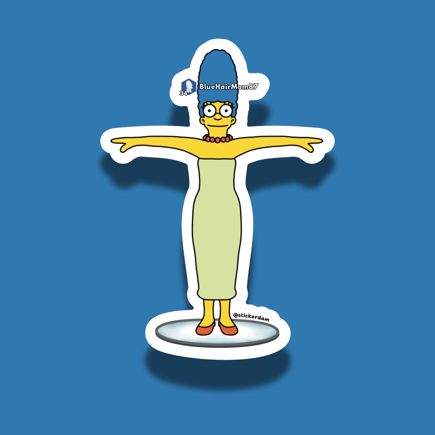 Sticker of Marge Simpson's Fortnite skin T-posing with the name "BlueHairMom87" on a blue background