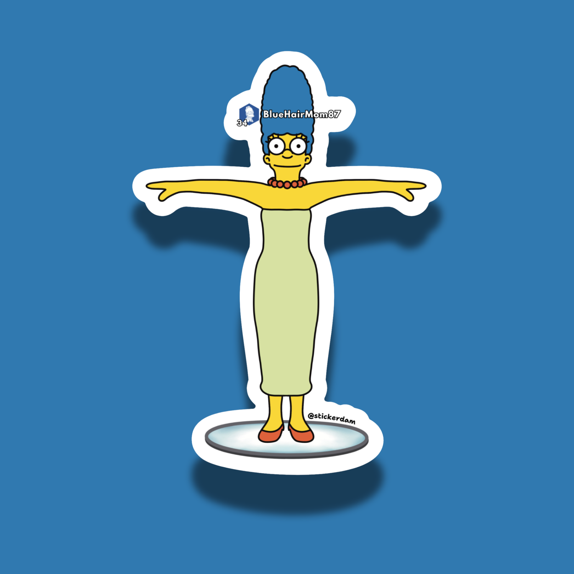 Sticker of Marge Simpson's Fortnite skin T-posing with the name "BlueHairMom87" on a blue background
