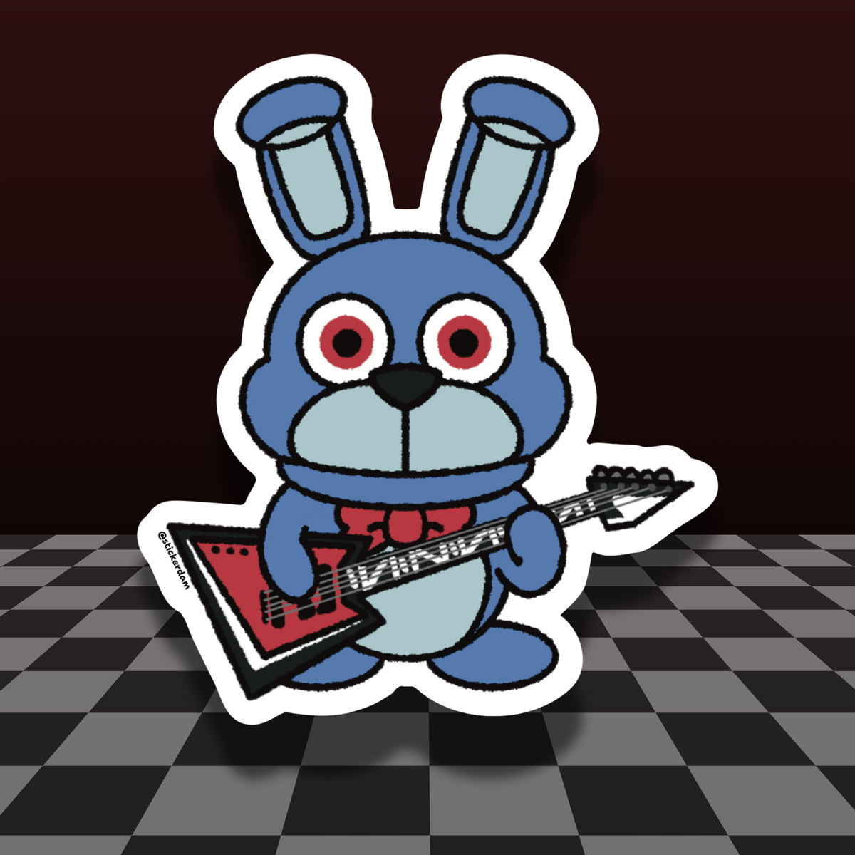 Blue Bonnie rabbit fan-art sticker with red eyes and a red bow tie, holding a red electric guitar, outlined by a white die-cut border.