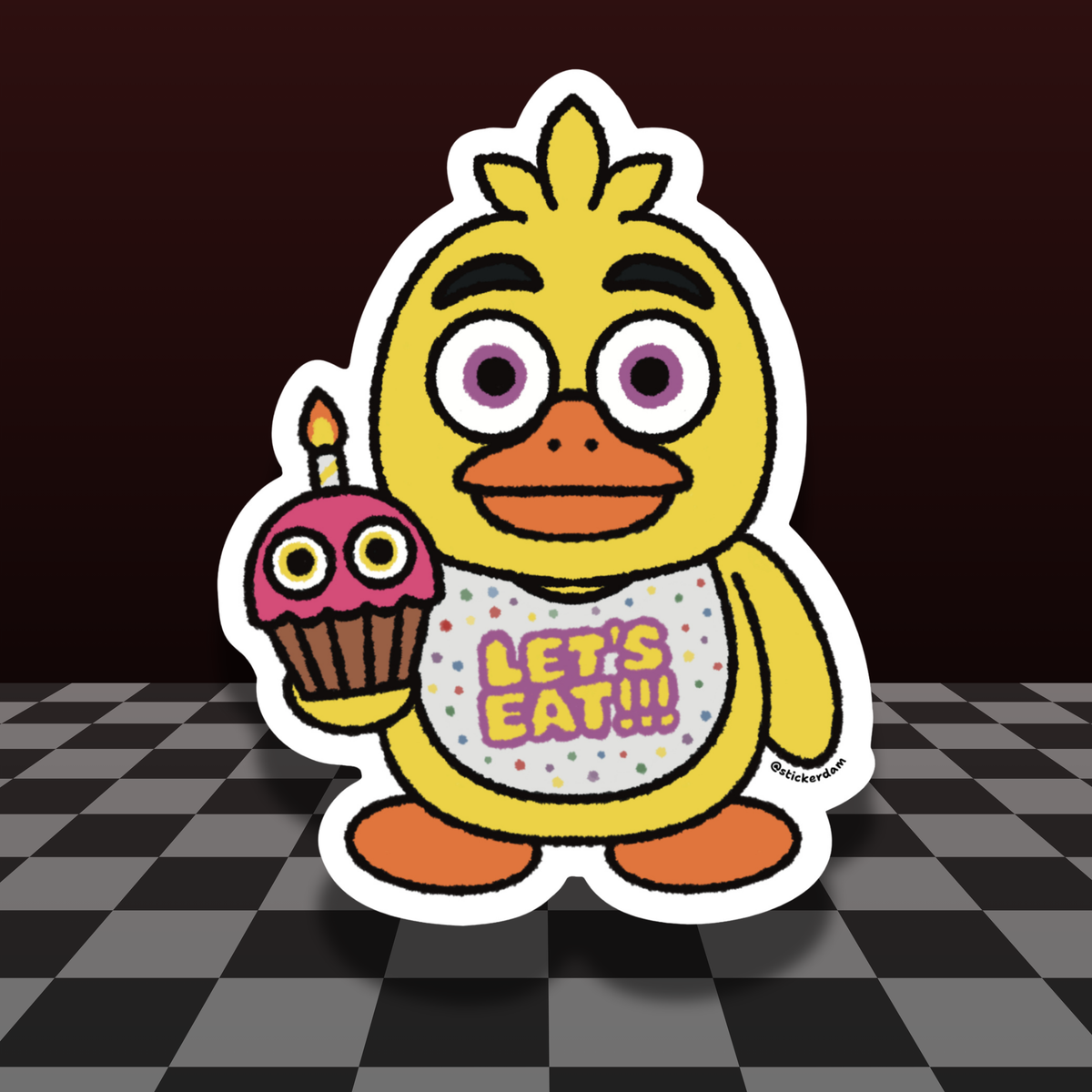 Chica fan-art sticker with purple eyes, a “LET’S EAT!!!” bib, and a pink cupcake with a lit candle, outlined by a white die-cut border.