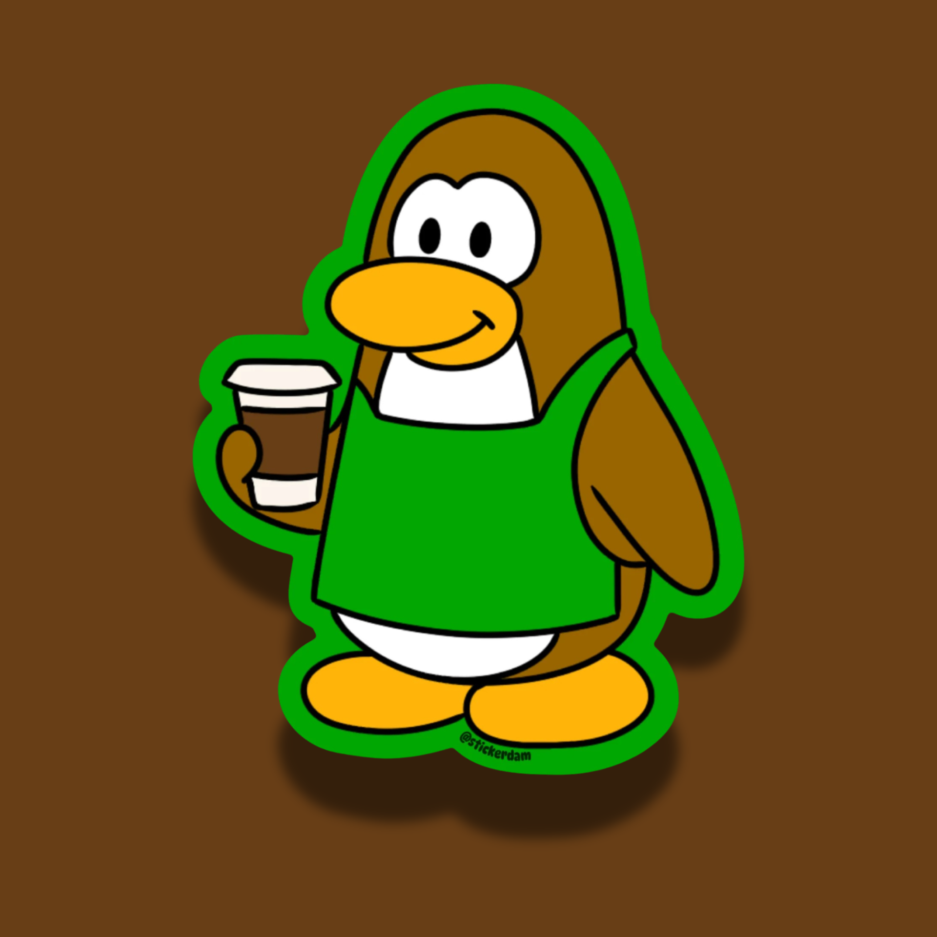 Club Penguin character holding a coffee cup with a green apron on a brown background