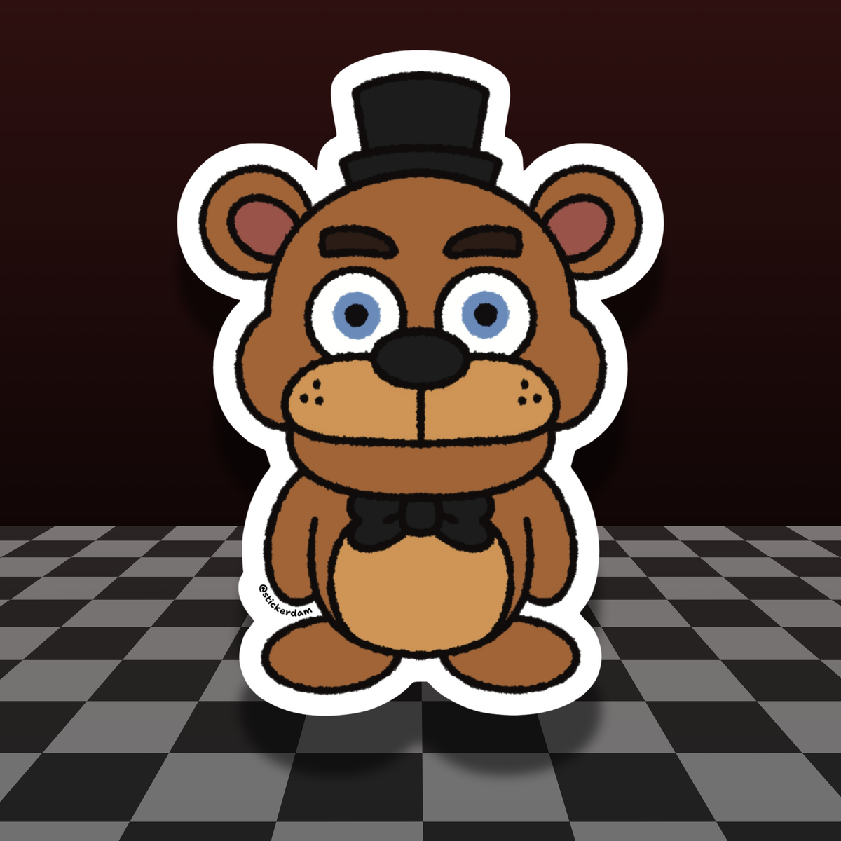 Freddy Fazbear fan-art sticker with brown fur, blue eyes, a black top hat and bow tie, and a white die-cut border.
