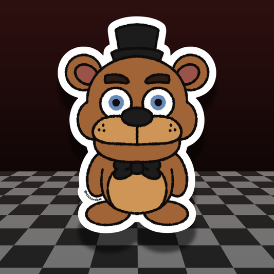 Freddy Fazbear fan-art sticker with brown fur, blue eyes, a black top hat and bow tie, and a white die-cut border.