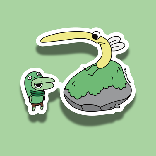 Sticker of Glep in his Mr. Frog costume and the bug sitting on a rock on a green background