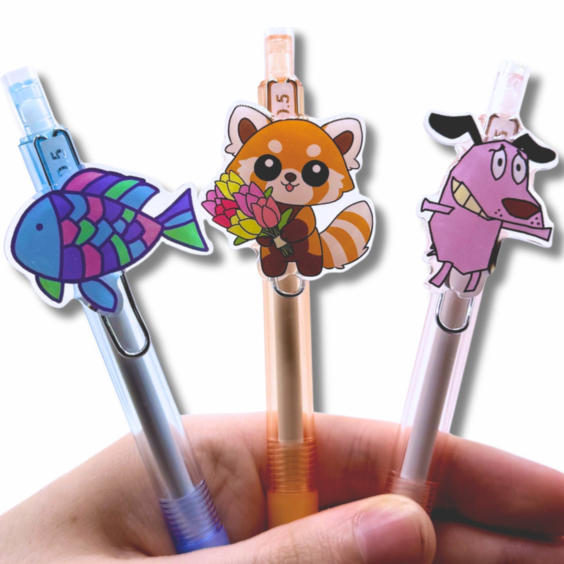 Ballpoint Pens with Acrylic Charms (Rainbow Fish, Paul the Panda, Courage)