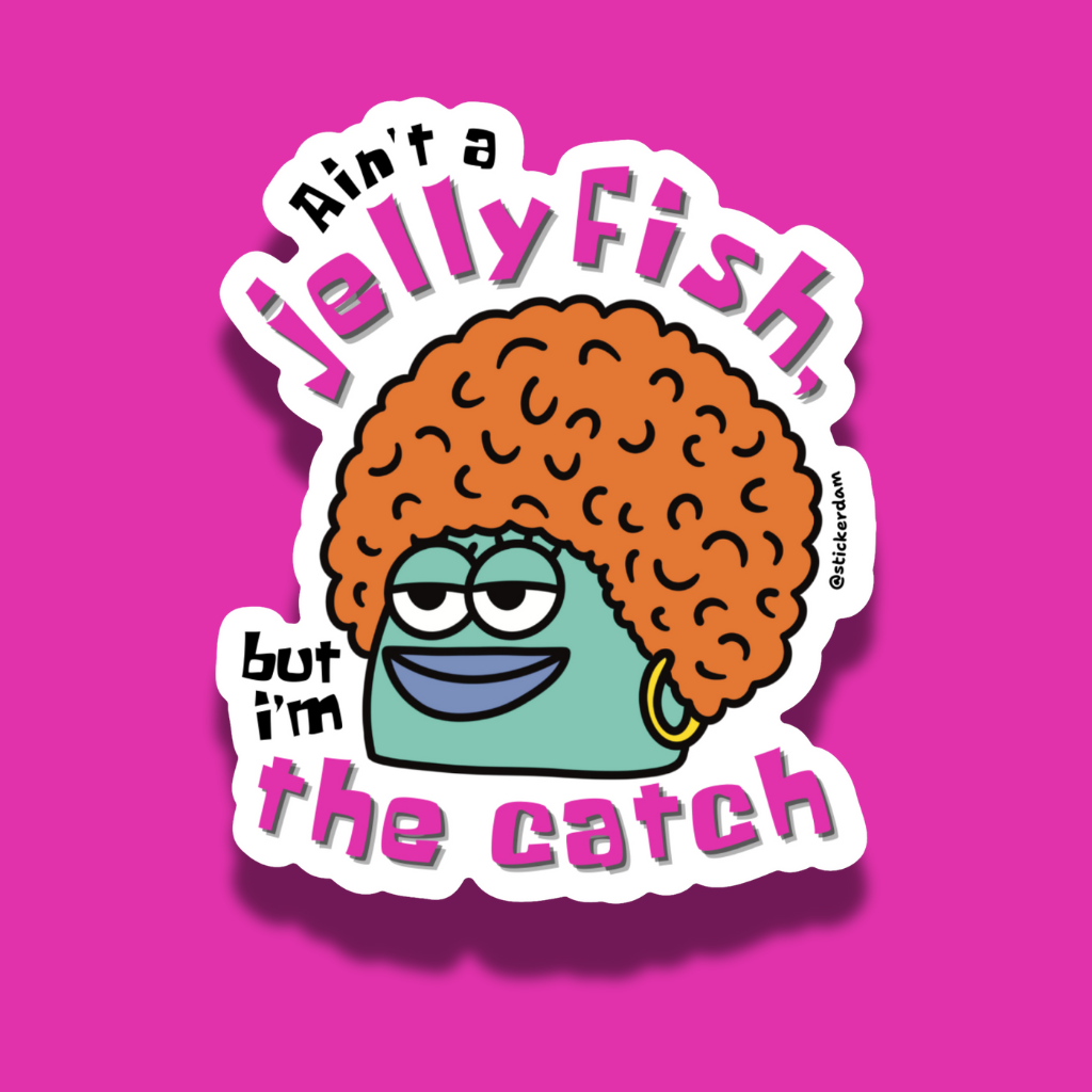 Sticker of Ice Spice in her SpongeBob design with an afro and text on a pink background