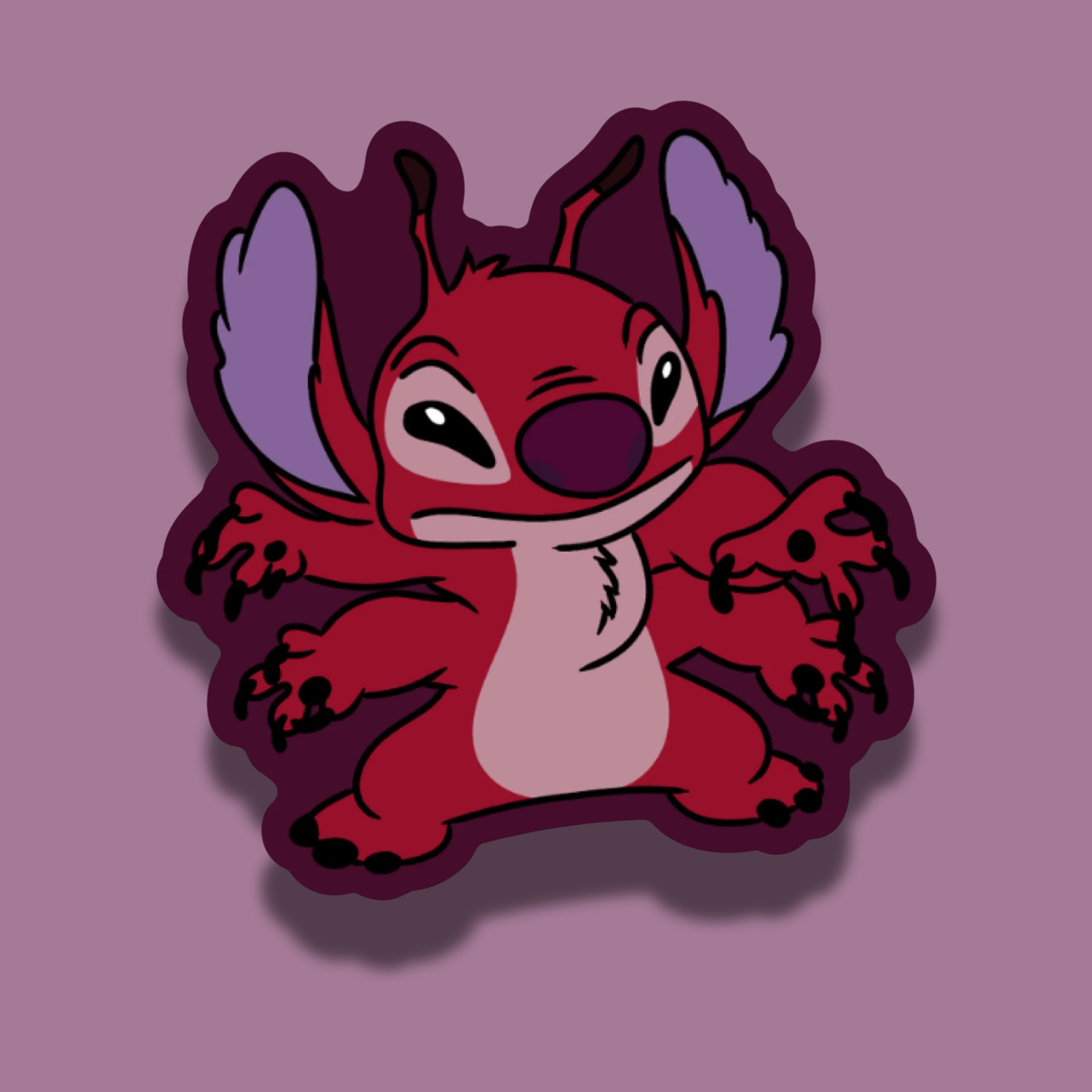Cartoon character sticker with a red and purple color scheme on a matching background