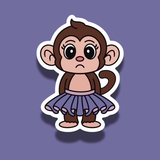 Cartoon monkey character wearing a purple skirt on a purple background