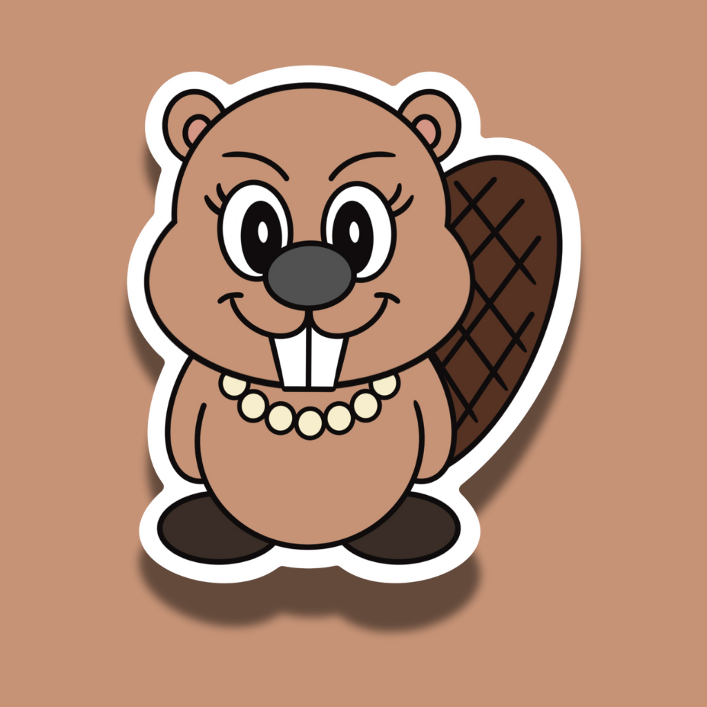 Cartoon beaver sticker on a brown background