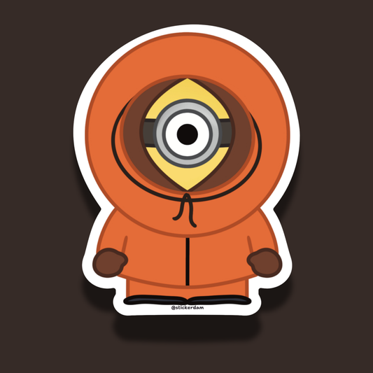 Minion Kenny vinyl sticker, Minion dressed as Kenny McCormick from South Park fan art mashup, 3 inch matte die-cut sticker by Sticker Dam
