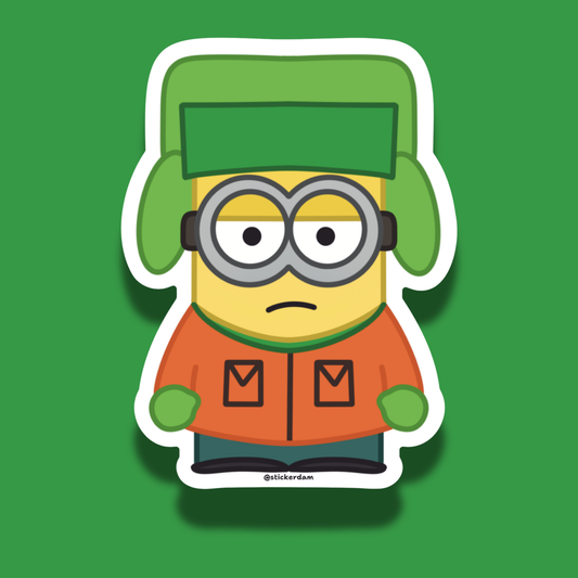 Minion Kyle vinyl sticker, Minion dressed as Kyle Broflovski from South Park fan art mashup, 3 inch matte die-cut sticker by Sticker Dam
