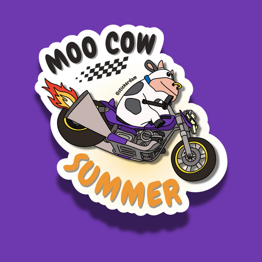 Cartoon cow on a motorcycle with 'Moo Cow Summer' text on a purple background