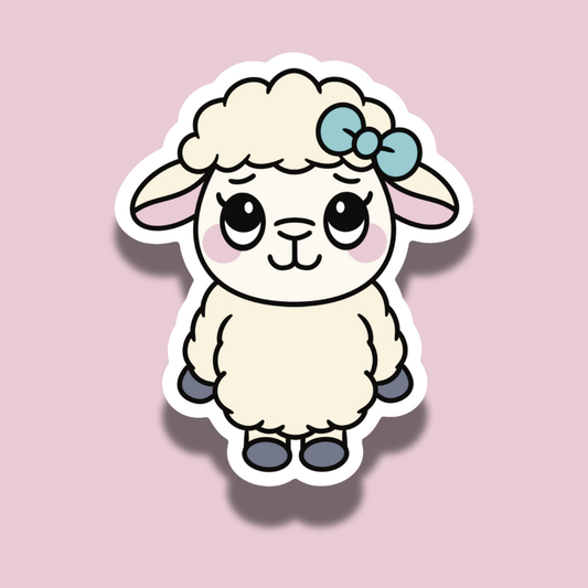 Cartoon sheep with a blue bow on a pink background