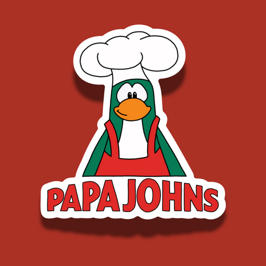 Papa Johns logo with a Club Penguin character wearing a chef's hat on a red background