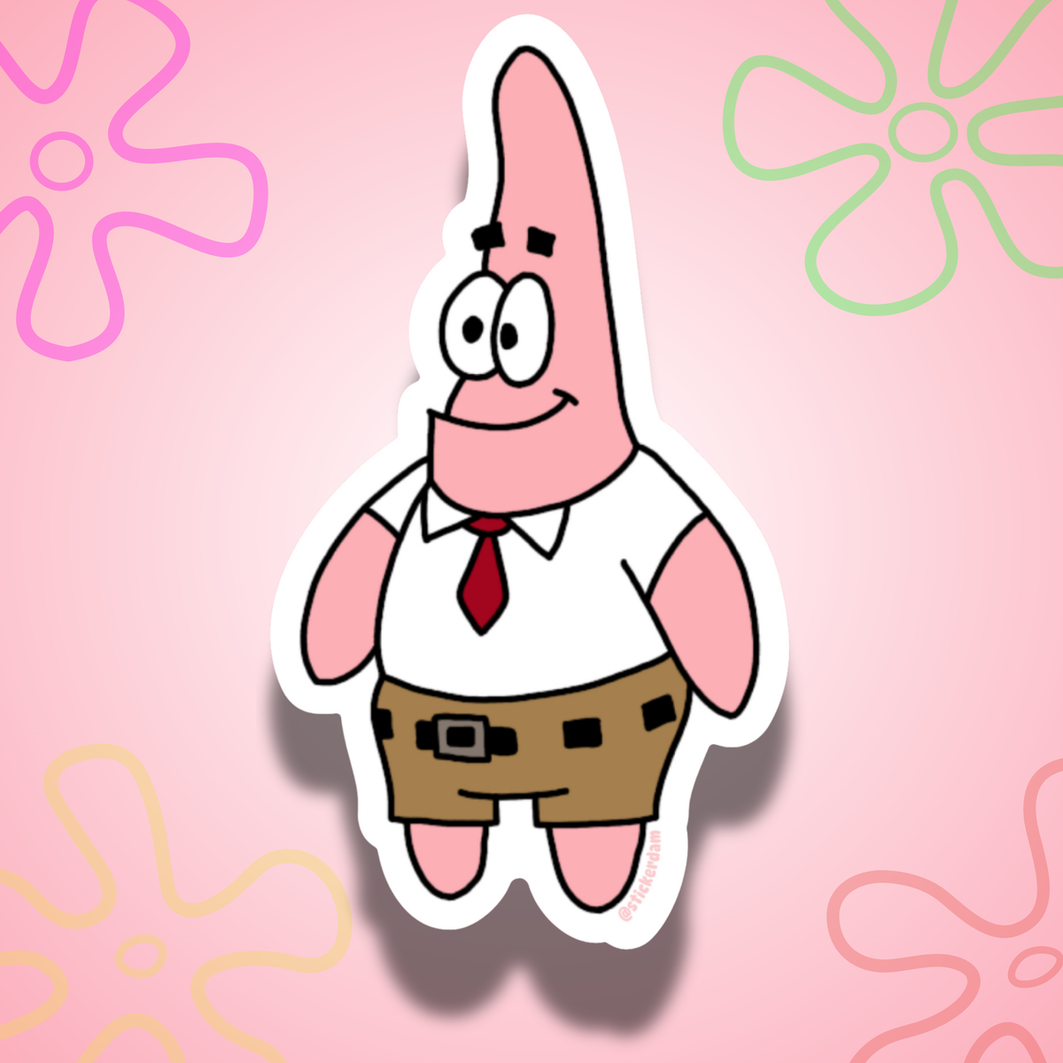 PatBob sticker showing Patrick Star in SpongeBob’s white shirt, red tie, and brown shorts on a pink flower-patterned background.