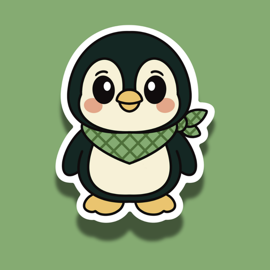 Cartoon penguin with a green scarf on a green background
