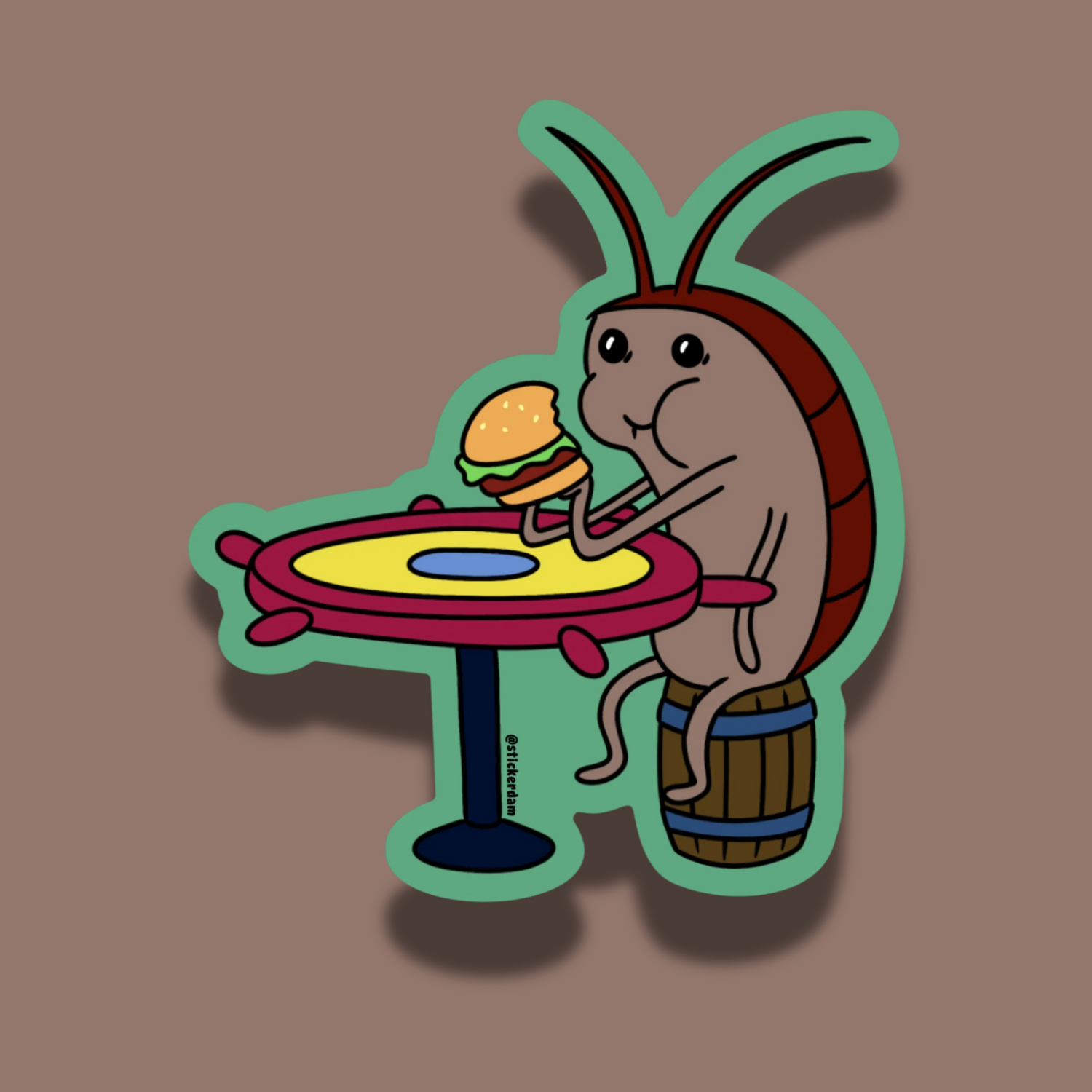Roach from SpongeBob sitting at a table with a Krabby Patty on a brown background