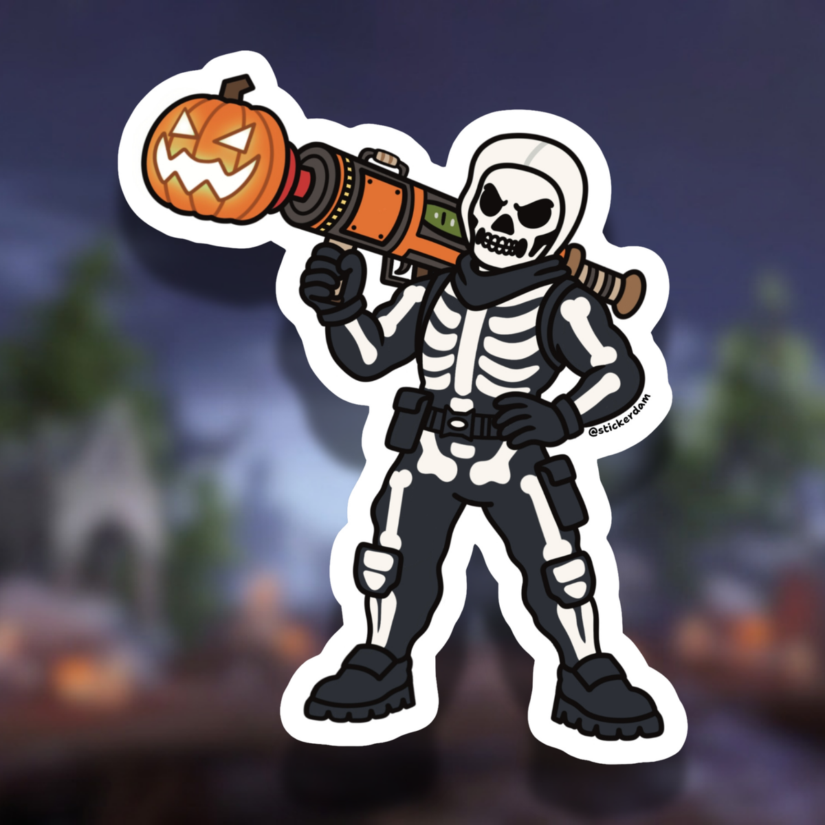 Fortnite Skull Trooper in a black-and-white skeleton outfit holding a pumpkin launcher over one shoulder, illustrated as a die-cut sticker.