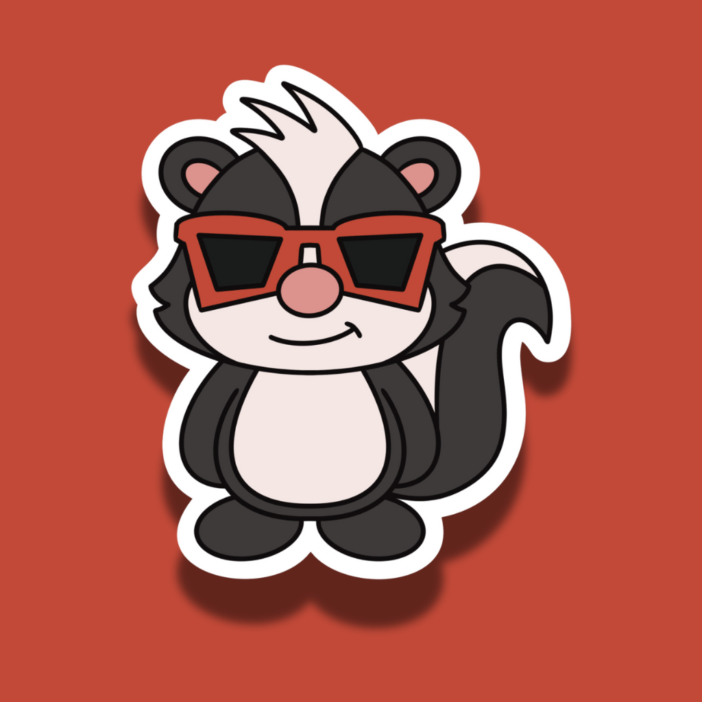 Cartoon skunk wearing red sunglasses on a red background