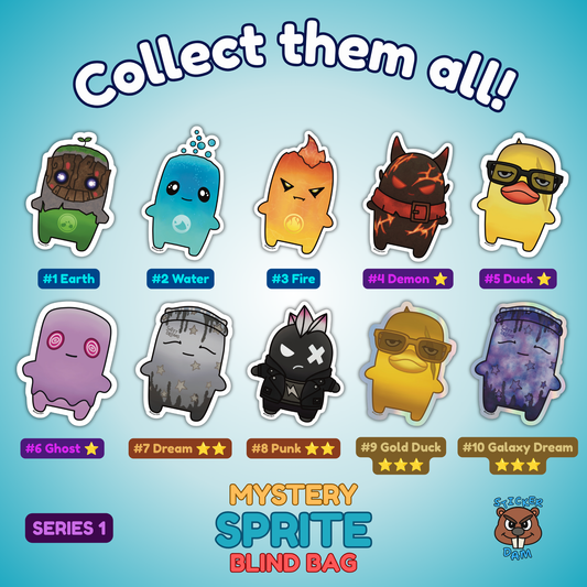Sprite sticker blind bag rarity chart showing common and rare variants including Gold Duck and Galaxy Dream, by Sticker Dam