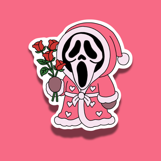 Sticker of Ghostface in a pink robe with hearts holding roses on a pink background