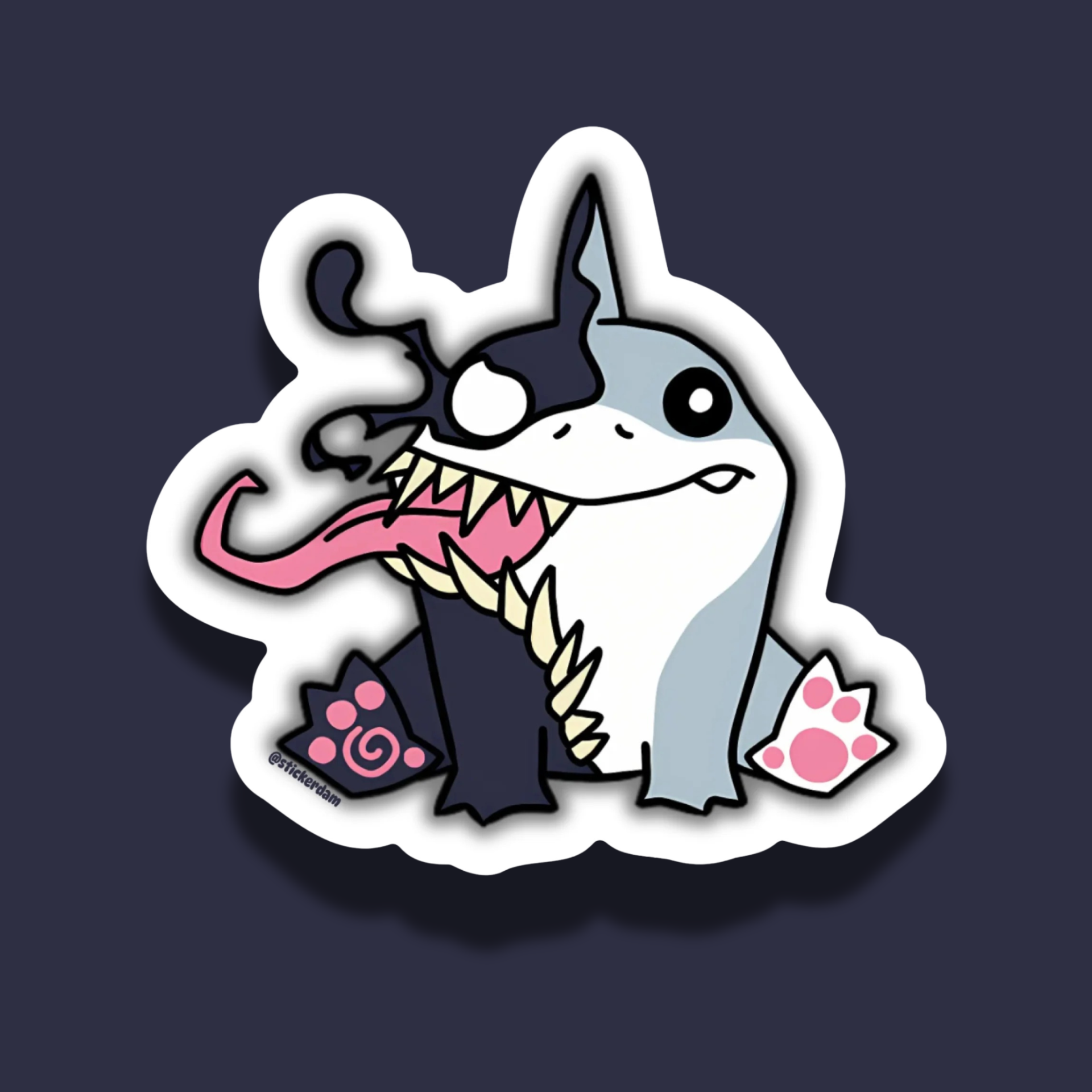 Jeff the Land Shark, half venomized with a large pink tongue on a dark background