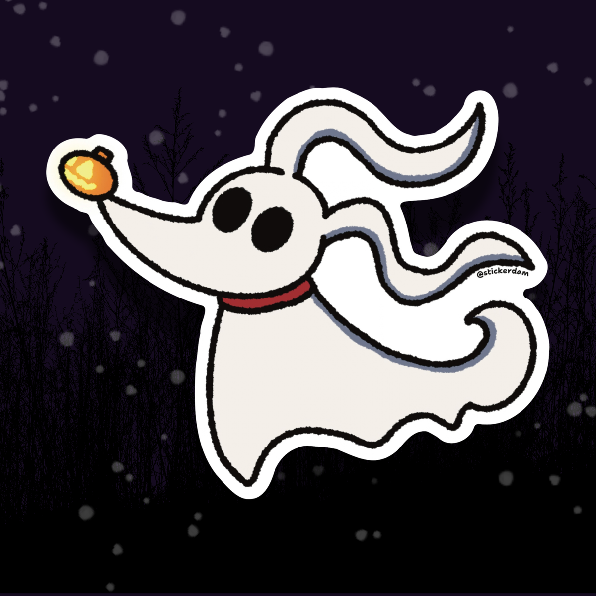 Zero the ghost dog from The Nightmare Before Christmas with flowing ears, a red collar, and an orange pumpkin nose, illustrated as a die-cut sticker.