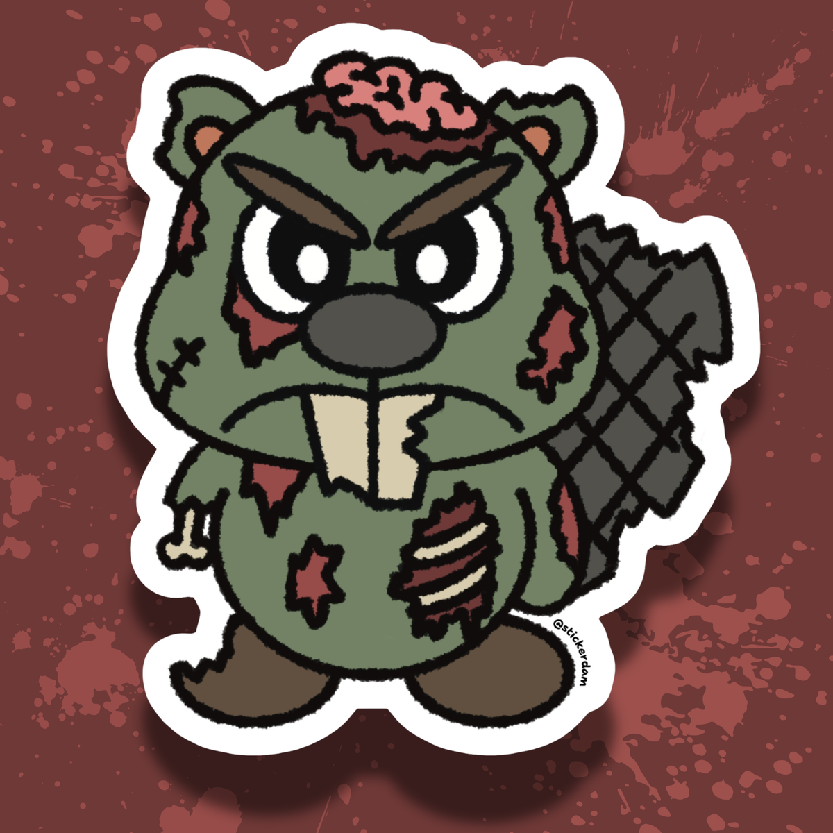 Zombie Dammy, a green zombie beaver with exposed brains and ribs, large front teeth, and a ragged tail, illustrated as a die-cut sticker.